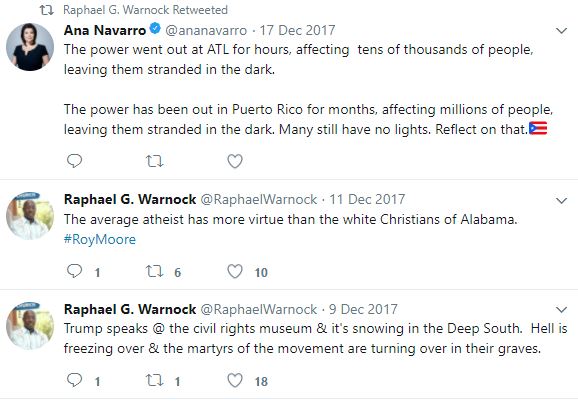 2017: Georgia Democrat Raphael Warnock’s Second Twitter
Account Bashes ‘White Christians of Alabama’ 1