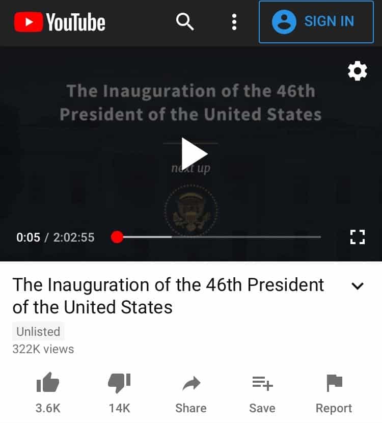 Biden Inauguration Video Gets Only 320,000 Views on Official
White House YouTube Channel – Comments Turned Off – But Biden Got
81 Million Votes 1