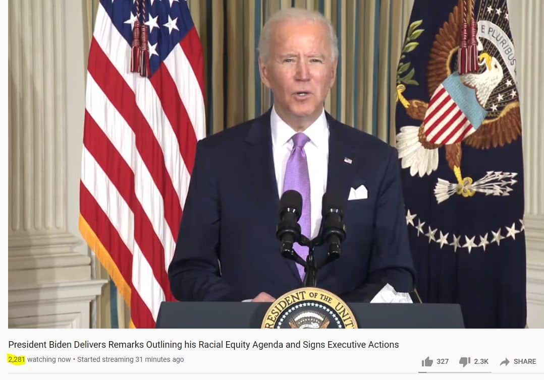 Wow! Only 2,200 Watch Joe Biden Mumble Through His Prepared
Racial Equality Remarks — But he TOTALLY had 81 Million
Votes 1