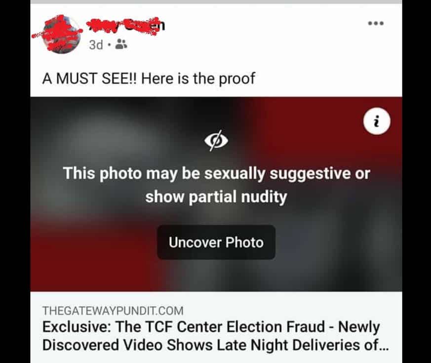 Outrageous! Facebook Flags and Bans Gateway Pundit Video of
Late Night Ballot Dump at TCF Center — Citing “Nudity” and “Sexual
Activity” 1
