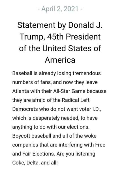 TRUMP: Boycott MLB, Woke Companies Interfering With Free and
Fair Elections 1