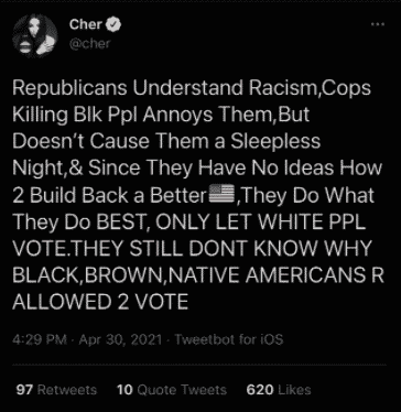Fact Check: Cher Falsely Claims GOP Only Allows White People
to Vote 1