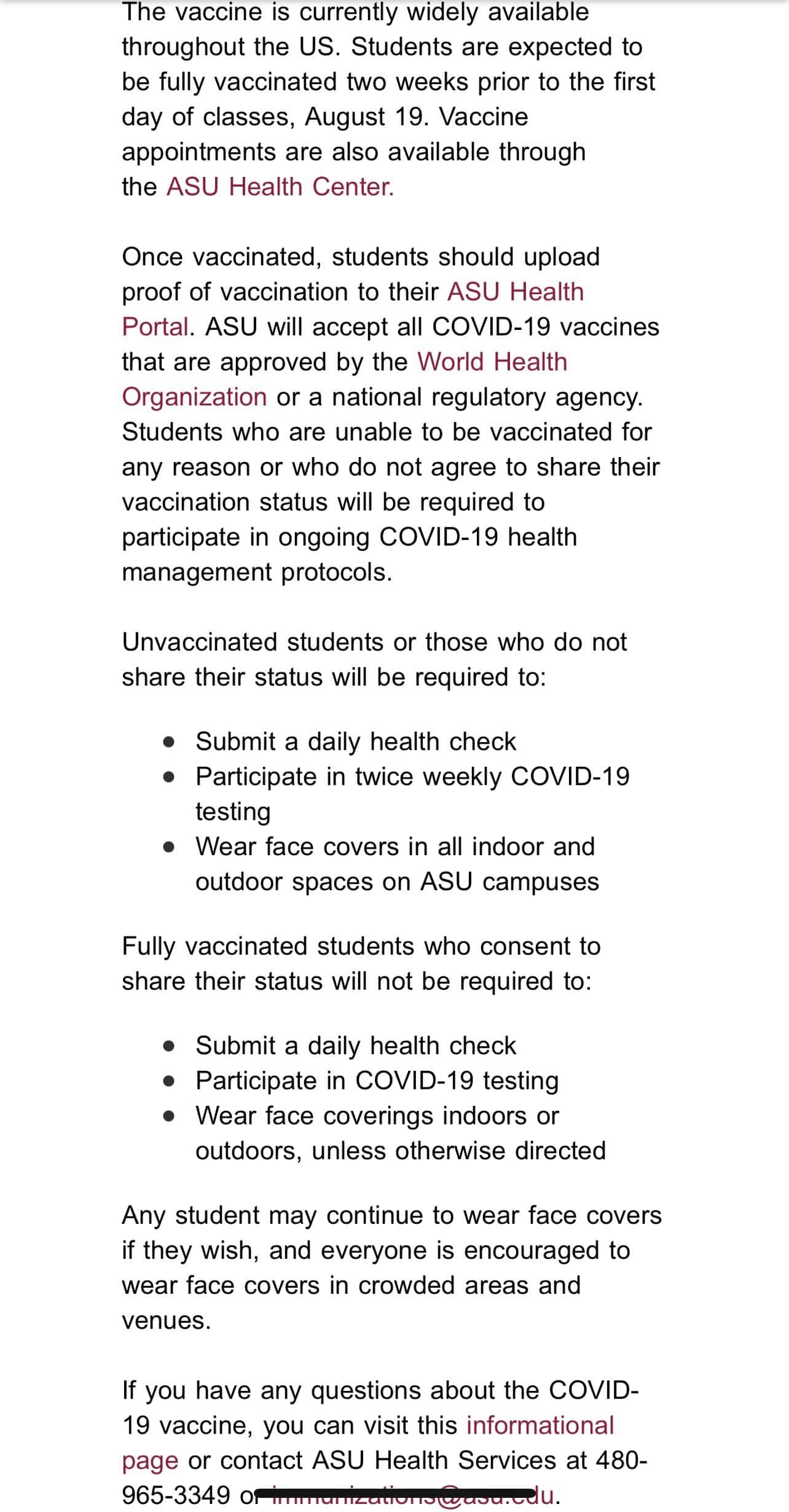 ARIZONA STATE UNIVERSITY: New COVID-19 Pseudo-Science
Policies Discriminate Against Unvaccinated Students 1